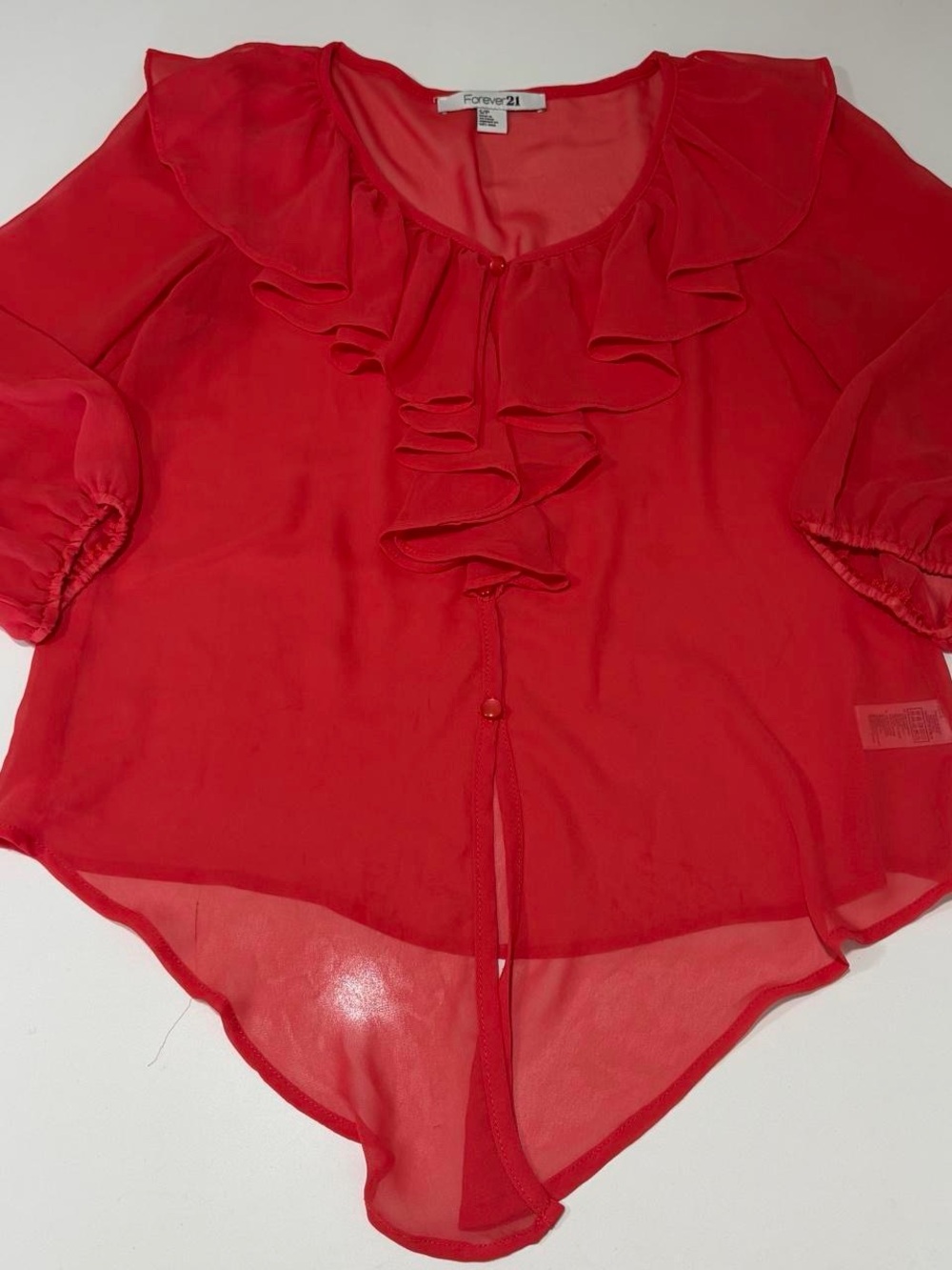 Red Ruffle-Front Sheer Blouse - Picture 5 of 8